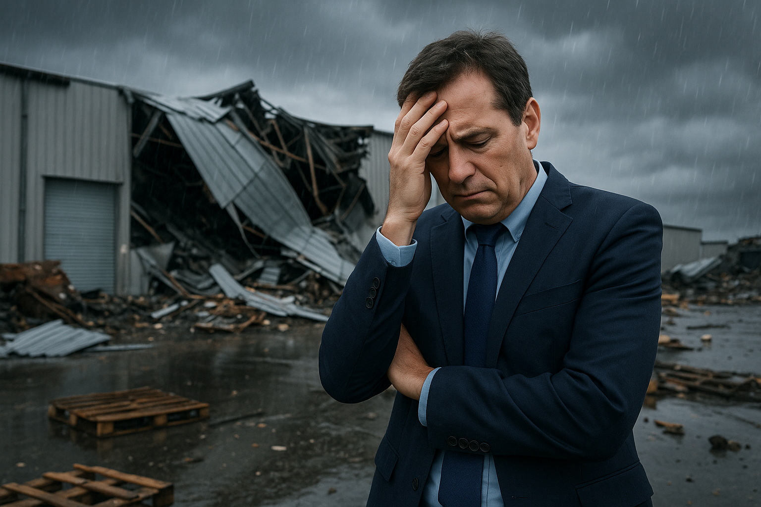 immagine di un imprenditore preoccupato perché ha perso i fondi pubblici per riparare la sua azienda colpita da un evento atmosferico catastrofale